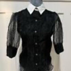 NWT ZARA Women's Black Sheer Swiss Dotted Blouse with White Collar - Size S